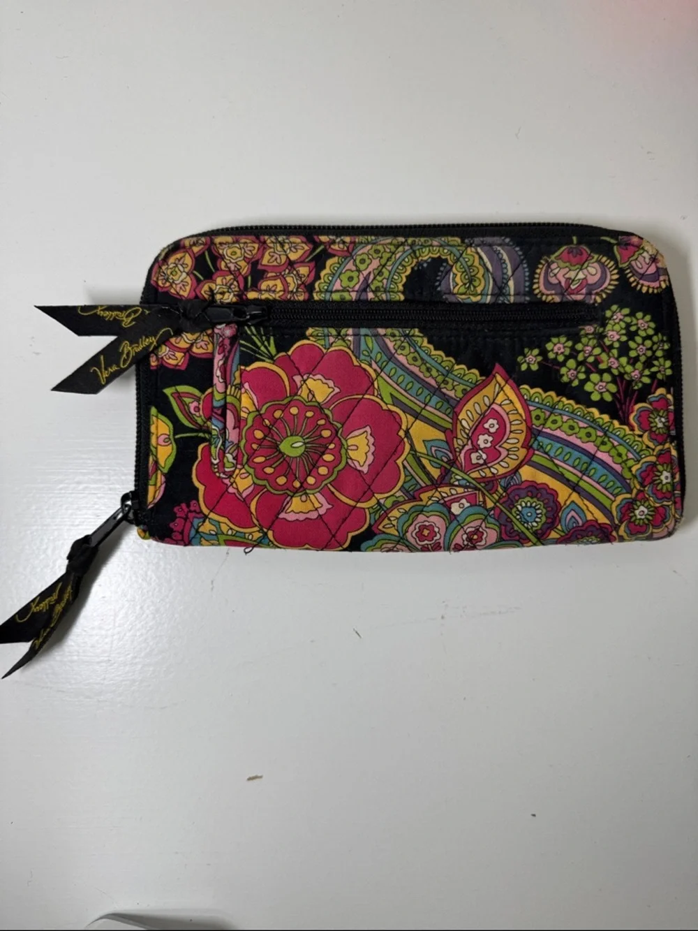 Vera Bradley bifold black and pink print fabric wallet.